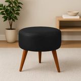 Azra Mobilya 40X42 Yuvarlak Puf - Deri Kumaş - Ahşap Ayak - Siyah