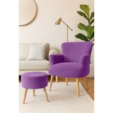 Azra Mobilya Berjer + Puf Set - Welsoft Yumuşak Kumaş - Doğal Ahşap Ayak - Lila