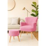 Azra Mobilya Berjer + Puf Set - Welsoft Yumuşak Kumaş - Doğal Ahşap Ayak - Pembe