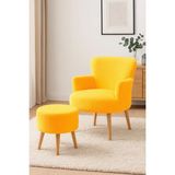 Azra Mobilya Berjer + Puf Set - Welsoft Yumuşak Kumaş - Doğal Ahşap Ayak - Sarı