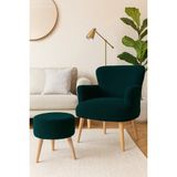 Azra Mobilya Berjer + Puf Set - Welsoft Yumuşak Kumaş - Doğal Ahşap Ayak - Yeşil