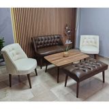 Azra Mobilya Milano Çay Seti Koltuk Takımı - Ofis Takımı - Deri Kumaş - 2+1+1+Bench+Sehpa | Krem Acı Kahve - Krem - Kahverengi