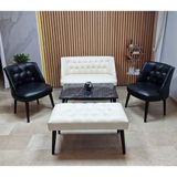 Azra Mobilya Milano Çay Seti Koltuk Takımı - Ofis Takımı - Deri Kumaş - 2+1+1+Bench+Sehpa | Krem Siyah - Krem - Siyah