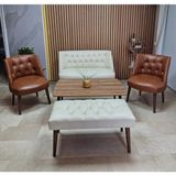 Azra Mobilya Milano Çay Seti Koltuk Takımı - Ofis Takımı - Deri Kumaş - 2+1+1+Bench+Sehpa | Krem Taba - Krem - Taba