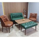 Azra Mobilya Milano Çay Seti Koltuk Takımı - Ofis Takımı - Deri Kumaş - 2+1+1+Bench+Sehpa | Yeşil Taba - Taba - Yeşil