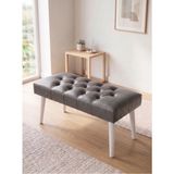 Azra Mobilya Modern Kapitoneli Gri Deri Kumaş Bench Puf Oturma Bankı Ahşap Beyaz Ayaklı Demonte 90X45 - 45x90