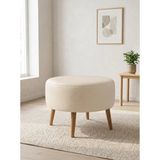 Azra Mobilya Modern Krem Deri Puf Yuvarlak Oturma Pufu Ahşap Ceviz Ayaklı Demonte 60X46 cm - 60 cm çap