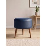 Azra Mobilya Modern Lacivert Deri Puf Tabure Ahşap Ceviz Ayaklı Yuvarlak Puf 40X42 cm - 40 cm çap