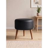 Azra Mobilya Modern Siyah Deri Puf Tabure Ahşap Ceviz Ayaklı Yuvarlak Puf 40X42 cm - 40 cm çap