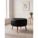 Azra Mobilya Modern Siyah Deri Puf Yuvarlak Oturma Pufu Ahşap Ceviz Ayaklı Demonte 60X46 cm - 60 cm çap