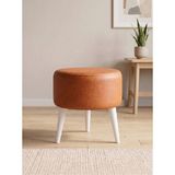 Azra Mobilya Modern Taba Deri Puf Tabure Ahşap Beyaz Ayaklı Yuvarlak Puf 40X42 cm - 40 cm çap