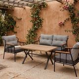 Azra Mobilya Paris 2+1+1+ 70X120 Ceviz Desenli Masa Metal Balkon Takımı Keten Dokulu Kumaş – Siyah Metal - Bahçe Teras Oturma Grubu