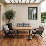 Azra Mobilya Venedik 2+1+1+ 70X120 Ceviz Desenli Masa Metal Balkon Takımı Keten Dokulu Kumaş – Siyah Metal - Bahçe Teras Oturma Grubu