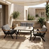 Azra Mobilya Venedik 2+1+1+ 70X120 Traverten Desenli Masa Metal Balkon Takımı Keten Dokulu Kumaş – Siyah Metal - Bahçe Teras Oturma Grubu