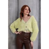 Azra Moda Style Örme Yumoş Crop Hırka Kırçıllı Yeşil Beyaz Kadın