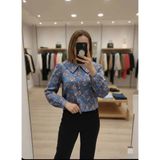 Azram Fashion Kadın Çiçek Detaylı Crop Gömlek - Mavi