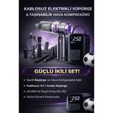 Azurtech 20.000PA Brushless Kablosuz Araç Içi Basınçlı Üfleme & Çekme Süpürgesi& Taşınabilir Dijital Ekranlı Şarjlı Hava Kompresör - Gri