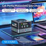 Azurtech 680W Gan Masaüstü Çok Portlu Şarj Istasyonu. 15W Kablosuz Şarj Destekli. Tek Portta 140W Süper Hızlı Şarj. Laptop, Telefon ve Tabletler Için Uygundur - siyah