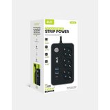 Azurtech Akım Korumalı Priz, 3x Priz Soketi, 2x USB Girişi, 1x Type-C Girişi, Tasarruflu Uzatma Kablosu, Çocuk Korumalı Adaptör (2 Metre) - Siyah