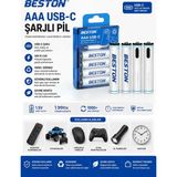 Azurtech Beston Aaa Usb-C Şarjlı Pil 4’lü 660MWH Şarj Edilebilir Pil Seti - 4 Adet
