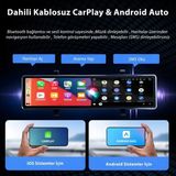 Azurtech C3 Carplay & Android Auto Multimedya Dikiz Aynası | 12” Hd Ekran, Ön + 1080P Arka Kamera, Geri Görüş - Siyah