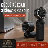 Azurtech Dijital Ekranlı Katlanabilir Şarjlı Mini El Vantilatörü – 5 Kademeli Güçlü Rüzgar, Masaüstü / Askılı / El Tipi Kullanım - Siyah