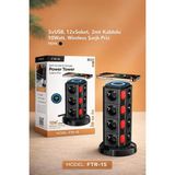 Azurtech Ftr-15 Power Tower Çoklu Priz 12 Soket 3 USB 10W Kablosuz Şarjlı 2m Kablolu Akım Korumalı Priz - Siyah