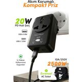Azurtech Ftr-27 20W Pd Hızlı Şarjlı Akım Korumalı Kompakt Priz Beyaz | Usb-C & Usb-A Çıkışlı 2500W Güçlü Duvar Prizi - Siyah