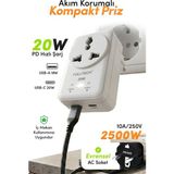 Azurtech Ftr-27 20W Pd Hızlı Şarjlı Akım Korumalı Kompakt Priz Beyaz | Usb-C & Usb-A Çıkışlı 2500W Güçlü Duvar Prizi