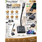 Azurtech Fulltech FH11 2in1 Usb-C Çoklayıcı Pd 60W Şarj ve 3.5mm Kulaklık Adaptörü Usb-C Dönüştürücü - Gri