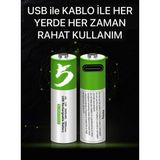 Azurtech Kalın Pil Kalem Pil USB Type-C Kablo ile Şarj Edilebilir Lityum 2'li Kalem Pil 1.5V Aa / 2600 Mwh - 2 Adet