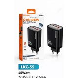 Azurtech Lkc-55 65W Gan Hızlı Şarj Aleti 2xusb-C + Usb-A Çoklu Çıkışlı Adaptör - Siyah