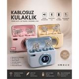 Azurtech Lüks Taş Detaylı Bluetooth 5.0 Kablosuz Kulaklık – Dokunmatik Kontrol & Dijital Göstergeli Şarj Kutusu - Krem