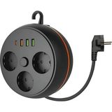 Azurtech Makaralı 3'lü 1.5 M Uzatma Kablosu Akım Korumalı Priz 3x USB 1x Type-C Giriş Duvar Askılı Priz - Siyah
