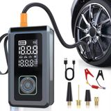 Azurtech Şarjlı Pompa, Akü Takviyesi, Fener, Powerbank Özellikli, Taşınabilir Kompresör, Araç Pompası - siyah
