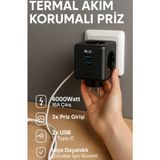 Azurtech Termal Akım Korumalı Priz 4000WATT-16A Çıkış 3xpriz-2xusb-1xtype-C Isıya Dayanıklı Çocuk Kilidi Priz - Siyah