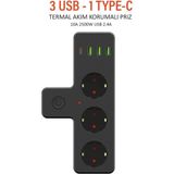 Azurtech USB Type-C Priz Dönüştürücü Şarj Adaptörü Priz-3 Usb-1 Type-C Girişli Çoklu Fiş Priz Çoklayıcı 2500W - 1 Adet - Siyah