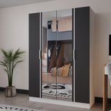 Azzuri Furniture Piyano 4 Kapaklı Dolap Genç Odası-Çocuk Odası Gardırop Antrasit Beyaz Aynalı - Beyaz - Antrasit