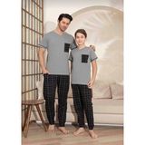 Baba Oğul Kombin Kısa Kollu Ekoseli Uzun Alt Penye Kumaş Orta Kalın V Yaka Pijama TAKIMI-3995 - Gri - XL