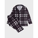 Baba-Oğul Pamuklu Süet Kumaş Kahverengi Ekose Desenli Gömlek Yaka Düğmeli Pijama Takımı - 6 Yaş