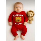 Babasının Aslanı Kabartma Yazı Detaylı Organik Pamuk Lüx Tulum - Kırmızı - 6 - 9 Ay