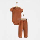 Babejix % 100 Pamuklu Bisiklet Yaka ve Tarçın Renk Unisex Alt Üst 2’li Bebek Takımı - 9 - 12 Ay