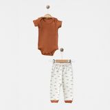 Babejix % 100 Pamuklu Tarçın Renk Badi ve Happy Smile Bear Yazı Desenli Pantolonlu Unisex Alt Üst 2’li Bebek Takımı - 0 - 3 Ay - 002-Tarçın