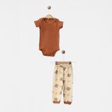 Babejix % 100 Pamuklu Tarçın Renk Badi ve Sevimli Ayıcık Desenli Pantolonlu Unisex Alt Üst 2’li Bebek Takımı - 12 - 15 Ay - Tarçın - Kahverengi