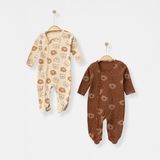 Babejix Sevimli Ayıcık Baskılı Kahverengi Pamuklu 2 Adet Patikli Bebek Tulumu 0 - 3 ve 3 – 6 Ay - 0 - 3 Ay - Koyu Kahverengi - Açık Kahverengi