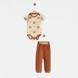 Babejix Sevimli Ayıcık Tasarımlı Badi ve Tarçın Renk Pantolonlu % 100 Pamuklu Unisex 2’li Bebek Takımı - 12 - 15 Ay - Bej - Tarçın
