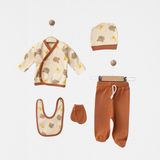 Babejix Sevimli Ayıcık ve Bal Kavanozu Desenli % 100 Pamuklu Yenidoğan Unisex Bebek 5’li Hastane Çıkış Seti - Bej - Tarçın
