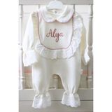 Babies First Dantelli Isme Özel 6 Parça Yenidoğan Set %100 Pamuk Tulum Battaniye Şapka Puset Örtü Yastık Eldiven - 00-Beyaz - 0 - 3 Ay