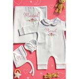 Babies First Kız Bebek Çiçekli 6 Parça Yenidoğan Set %100 Pamuk Tulum Battaniye Şapka Yastık Puset Örtü Eldiven - 00-Beyaz - 0 - 3 Ay