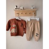 Babudi Dino Make Me Smile Erkek Bebek Takımı – Sweatshirt & Eşofman Altı - 18 Ay - Kahve - Açık Kahve